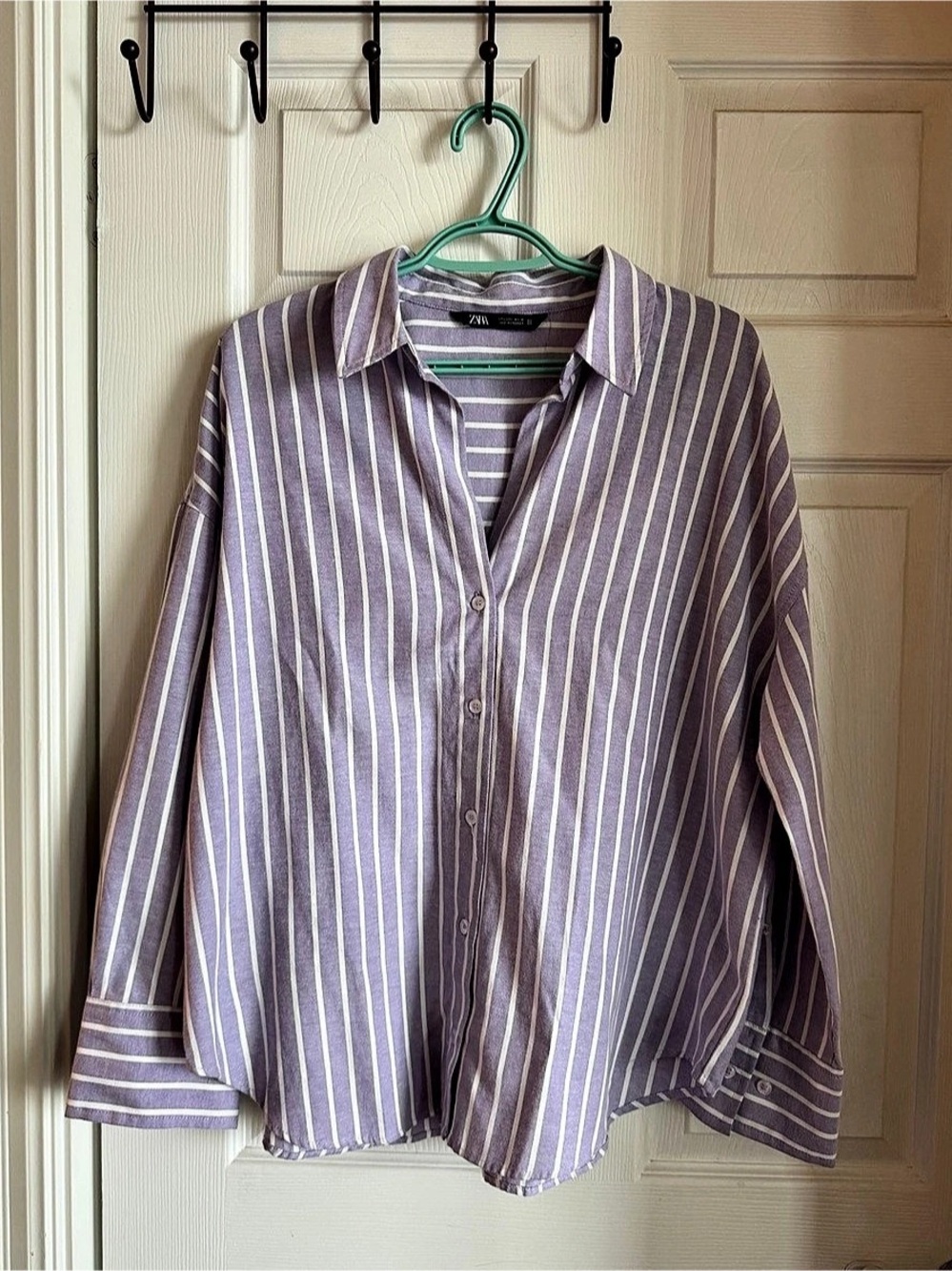 Zara Purple Striped Oversized Button-Up Shirt - Size L (Like New)